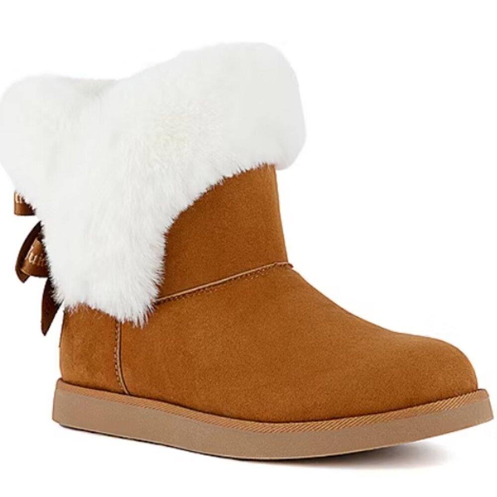 Juicy Couture Cognac Tan King Flat Heel Faux Fur Trim Winter Boots Size 8